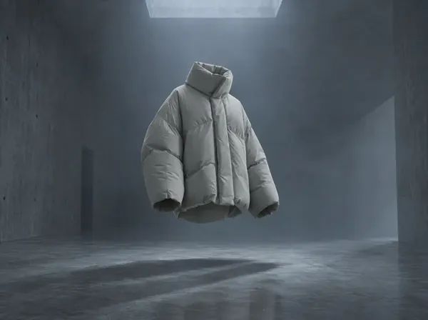 An oversized bone-colored puffer jacket floating in an empty concrete room