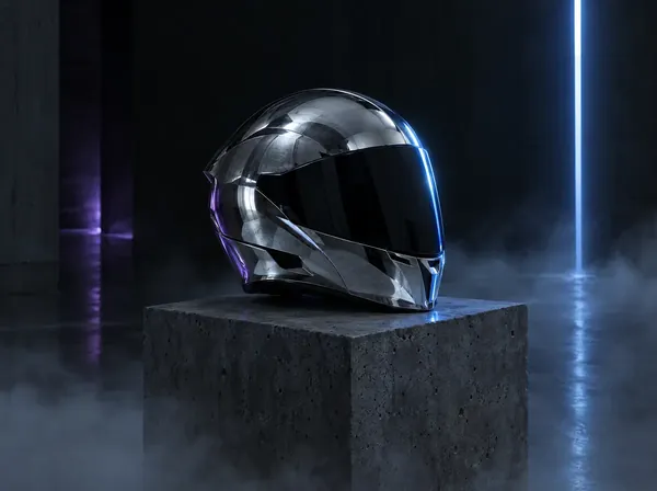 A liquid chrome motorcycle helmet on a concrete plinth in a dark, smoky room