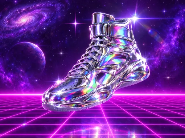 A liquid chrome high-top sneaker floating over a neon grid in space