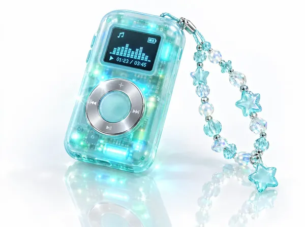 A translucent aqua music player with a crystal star charm on a white background