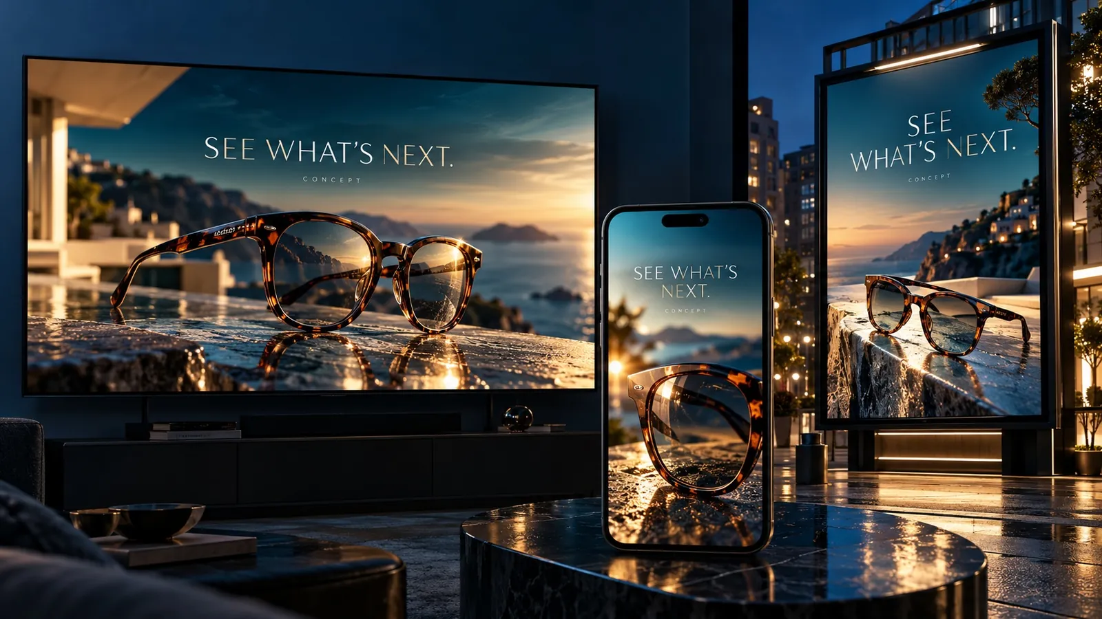 An eyewear campaign reading See what's next on a living room TV, a phone and a street-level billboard at dusk