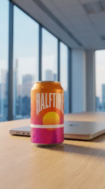 Halftime can on an office desk beside a laptop